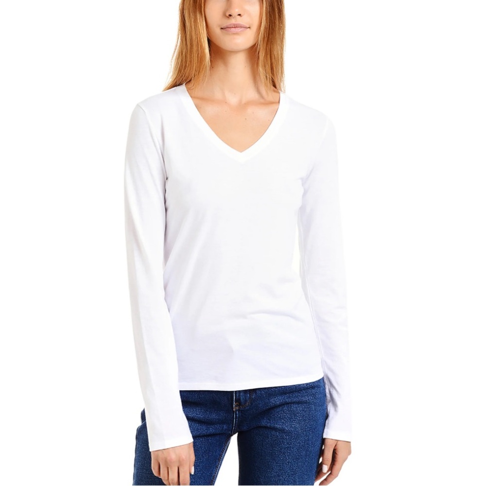 Mott & Bow White Marcy Long Sleeve V-Neck T-Shirt Pima Cotton Minimalist Size XL